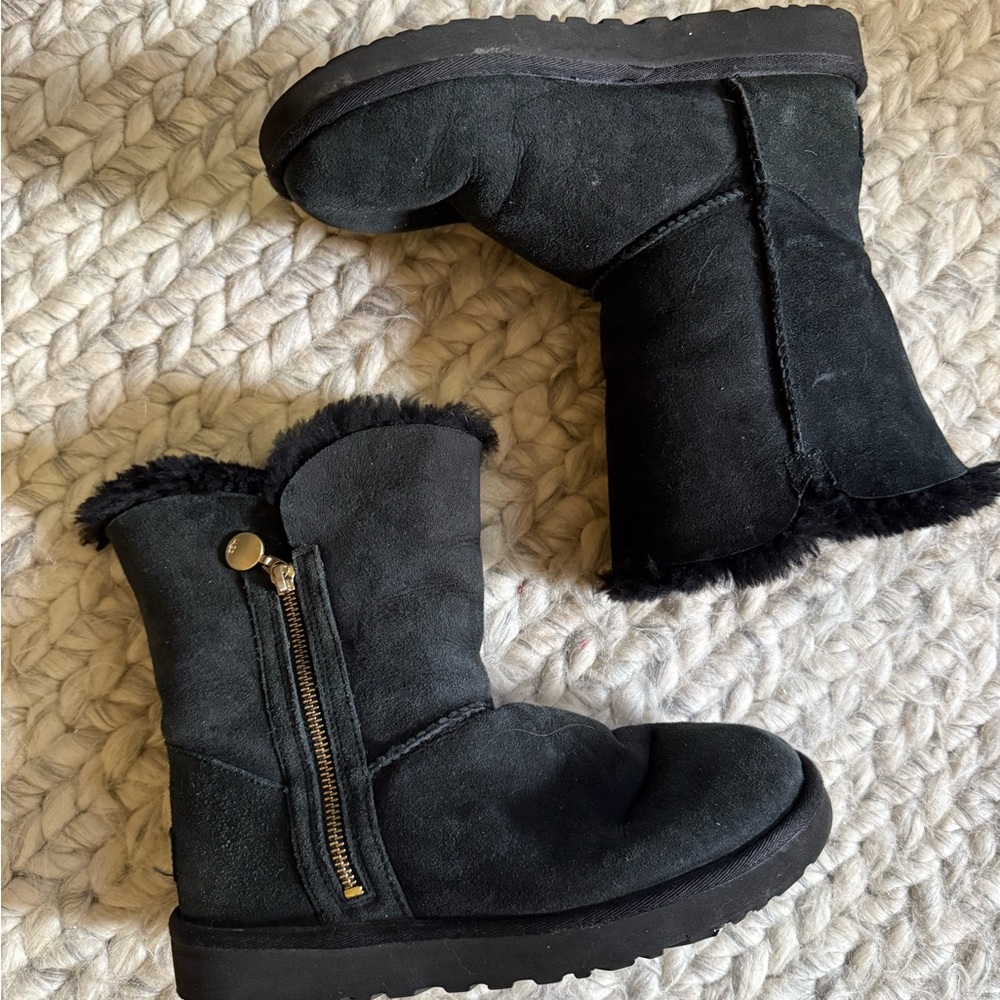 UGG Black Suede Boots with Gold Zipper